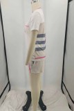 White Casual Striped Print Patchwork Letter O Neck Short Sleeve Two Pieces