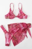Pink Sexy Print Frenulum Backless Swimsuit Three Piece Set (With Paddings)