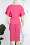 Vestidos de falda envueltos en cuello redondo con cremallera y pliegues de patchwork liso rosa elegante (con cinturón)