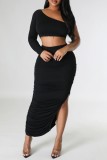 Black Casual Solid Slit Fold Oblique Collar Long Sleeve Two Pieces