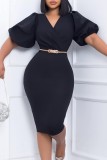 Zwart casual effen patchwork jurken met V-hals omwikkelde rok