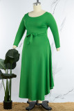 Vert élégant Solide Patchwork O Cou Taille Jupe Plus La Taille Robes (Avec Ceinture)