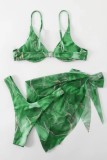 Grüner dreiteiliger rückenfreier Badeanzug mit sexy Print Frenulum (mit Polsterung)