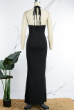 Black Sexy Solid Bandage Patchwork Backless Halter Wrapped Skirt Dresses