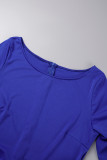 Azul Elegante Sólido Patchwork O Cuello Cintura Falda Vestidos de talla grande (con cinturón)
