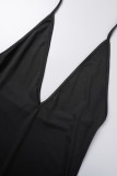 Black Sexy Solid Bandage Patchwork Backless Halter Wrapped Skirt Dresses