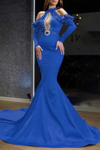 Blaue, elegante, einfarbige, ausgehöhlte, mit Perlen besetzte Trompeten-Meerjungfrauenkleider mit halbem Rollkragen