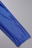 Blauwe elegante effen uitgeholde patchwork kralen halve col trompet zeemeerminjurken