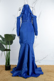 Blaue, elegante, einfarbige, ausgehöhlte, mit Perlen besetzte Trompeten-Meerjungfrauenkleider mit halbem Rollkragen