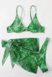 Set di tre pezzi del costume da bagno senza schienale con frenulo con stampa sexy verde (con imbottiture)