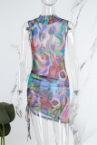 Colour Sexy Print Basic Turtleneck Sleeveless Dress Dresses