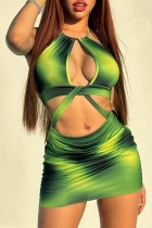 Зеленые сексуальные повязки с принтом, выдолбленные платья без рукавов с открытой спиной и круглым вырезом