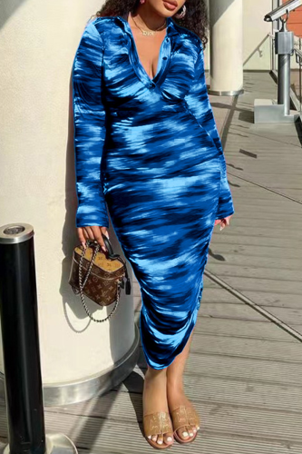 Blue Casual Print Patchwork Buttons Fold Turndown Collar One Step Skirt Dresses
