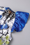 Vestidos de manga curta com estampa casual azul patchwork decote em V