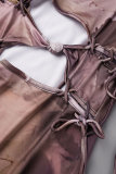 Серо-коричневый уличный принт с выдолбленным ремешком и круглым вырезом Платья-юбки с запахом