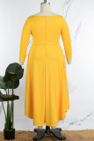 Yellow Elegant Solid Patchwork O Neck Waist Skirt Plus Size Dresses(With Belt)