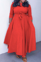 Falda de cintura con cuello en O de patchwork sólido elegante rojo Vestidos de talla grande (con cinturón)