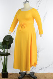 Yellow Elegant Solid Patchwork O Neck Waist Skirt Plus Size Dresses(With Belt)