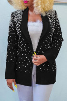 Schwarze, lässige Alltags-Oberbekleidung mit einfarbigem Patchwork-Perlen-Umlegekragen