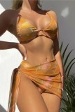 Lila Sexy Print Frenulum Rückenfreier Badeanzug Dreiteiliges Set (mit Polsterungen)