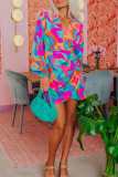 Colour Sweet Color Lump Patchwork Slit Contrast V Neck Waist Skirt Dresses