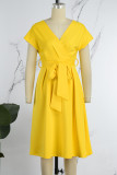 Yellow Casual Solid Patchwork V Neck A Line Dresses