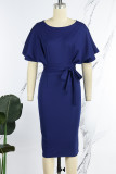 ロイヤルブルーのエレガントなソリッドパッチワーク折りジッパーOネックラップスカートドレス(ベルト付き)