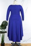 Синяя элегантная однотонная лоскутная юбка с круглым вырезом и талией Платья больших размеров (с поясом)