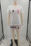 White Casual Striped Print Patchwork Letter O Neck Short Sleeve Two Pieces