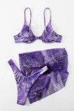 Purple Sexy Print Frenulum Backless Swimsuit Three Piece Set (With Paddings)