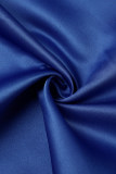 Blauwe elegante effen uitgeholde patchwork kralen halve col trompet zeemeerminjurken