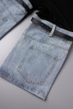 Blaue Street-Farbe-Block-Taschen-Kontrast-Normal-Patchwork-Hose mit hoher Taille und geradem Schnitt