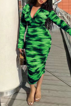 Groene casual print patchwork knopen vouw turndown kraag een stap rok jurken