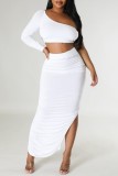 White Casual Solid Slit Fold Oblique Collar Long Sleeve Two Pieces