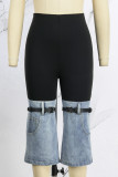 Blaue Street-Farbe-Block-Taschen-Kontrast-Normal-Patchwork-Hose mit hoher Taille und geradem Schnitt