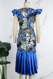 Синее повседневное платье с принтом в стиле пэчворк и V-образным вырезом с коротким рукавом Платья