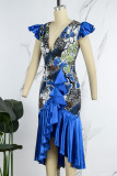 Blue Casual Print Patchwork V Neck Short Sleeve Dress Dresses