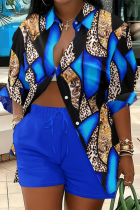 Красочные синие повседневные пуговицы с принтом в стиле пэчворк Воротник рубашки с коротким рукавом из двух частей
