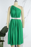 グリーン カジュアル ソリッド バックレス ベルト付き 斜め襟 ノースリーブ ドレス ドレス