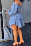 ブルー カジュアル スイート デイリー シンプル パッチワーク 小帯 フラウンス ソリッド カラー オフショルダー ドレス