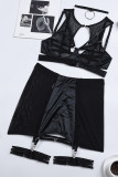 Noir Sexy solide évidé Patchwork transparent accessoires en métal décoration Lingerie (ensembles de trois pièces)