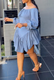 Blue Casual Sweet Daily Simplicity Patchwork Frenulum Flounce Solid Color Off the Shoulder Dresses