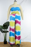 Yellow Casual Print Tie Dye Backless Strapless Plus Size Two Pieces
