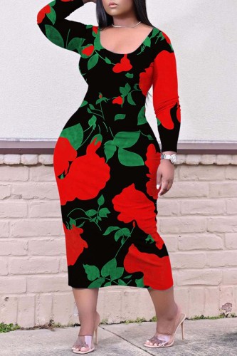 Black Red Casual Print Basic O Neck Long Sleeve Dresses