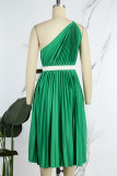 グリーン カジュアル ソリッド バックレス ベルト付き 斜め襟 ノースリーブ ドレス ドレス