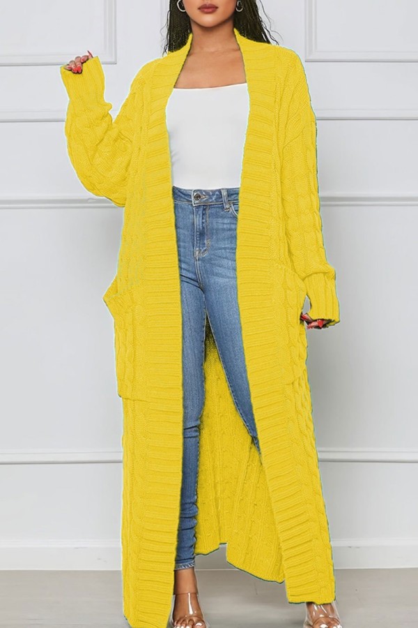 Gelbe, legere Street-Cardigan-Oberbekleidung mit Schlitz und einfarbigem Webmuster