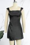 Red Sexy Solid Backless Slit Square Collar Sling Dress Dresses