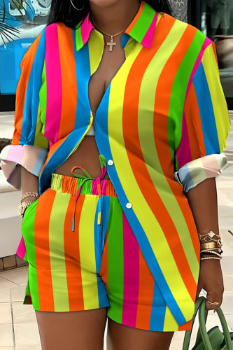 Multicolor Work Elegant Vacation Simplicity Geometric Striped Print Printing Turndown Collar Long Sleeve Two Pieces