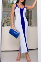 ブルー カジュアル パッチワーク コントラスト スパゲッティ ストラップ ロング ドレス ドレス