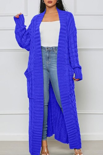 Blaue, lässige, einfarbige Street-Cardigan-Webart-Oberbekleidung mit Schlitz